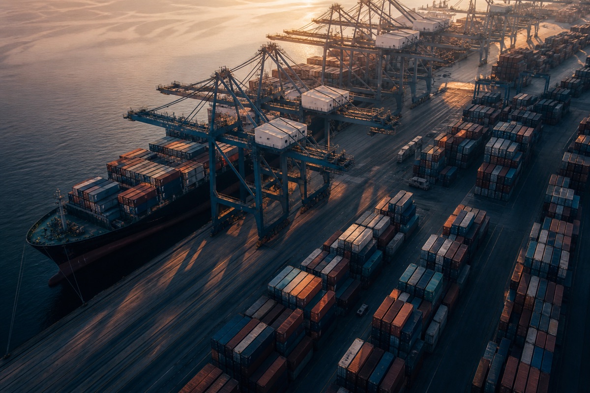 A cargo ship, shipping containers and cranes at a global port
